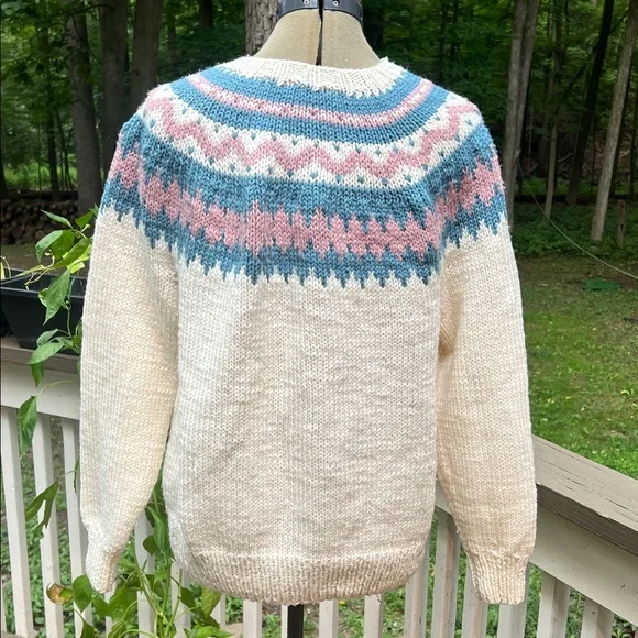 Vintage Late 80s Handmade Knit Sweater –Cream with Pink & Blue Fair Isle Pattern - Picture 3 of 5